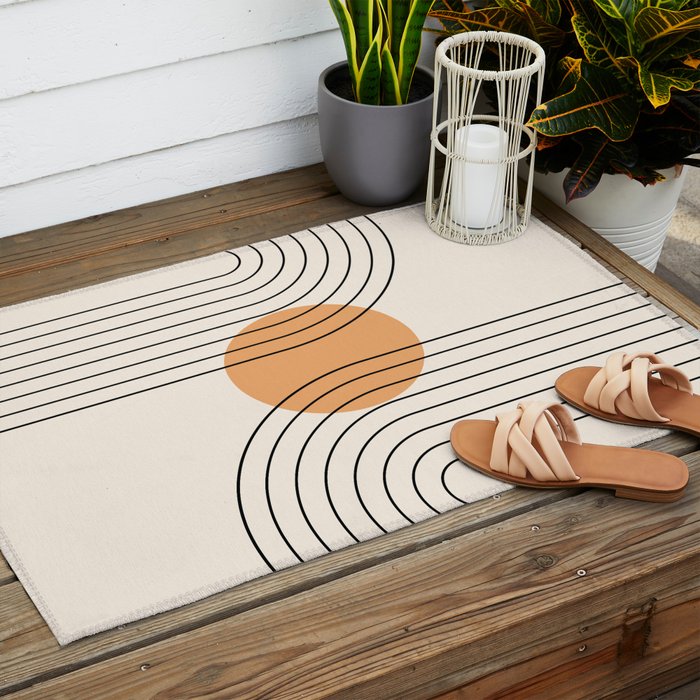 Geometric Lines in Black and Beige 14 (Rainbow and Sun Abstraction) Outdoor Rug Gallery Image 2