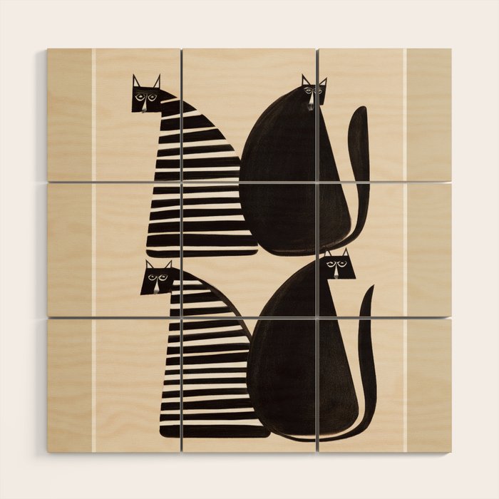 Minimalist Cats in Black and White Wood Wall Art Gallery Image 1