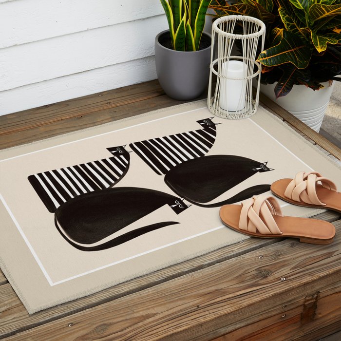 Minimalist Cats in Black and White Outdoor Rug Gallery Image 2