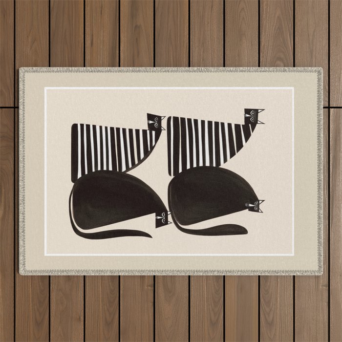 Minimalist Cats in Black and White Outdoor Rug Gallery Image 1