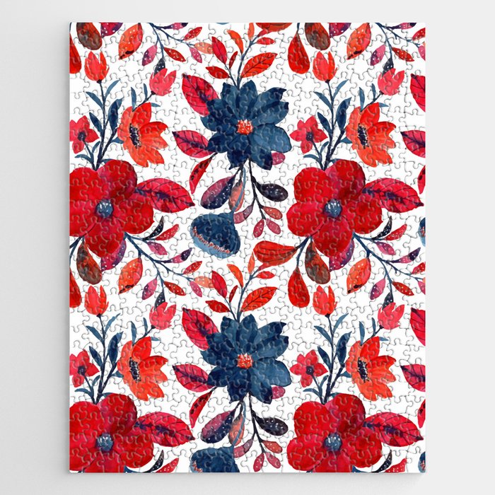 Red and Blue, Watercolor Painting of Flowers, Digital Art Jigsaw Puzzle Gallery Image 1