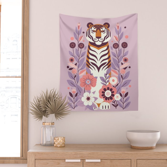 Serene Tiger in Blooming Garden - Pastel Floral Illustration Wall Tapestry Gallery Image 2