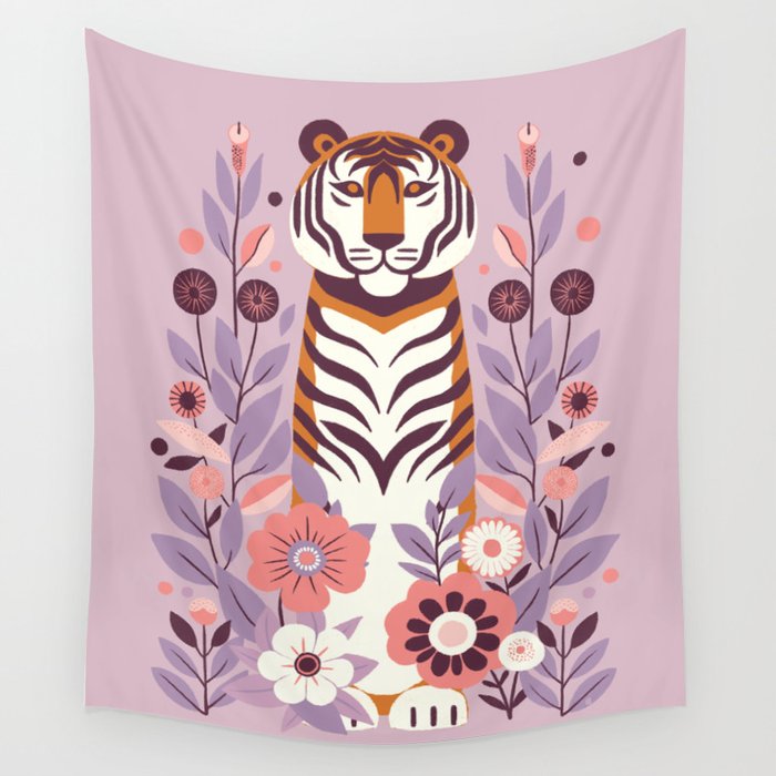 Serene Tiger in Blooming Garden - Pastel Floral Illustration Wall Tapestry Gallery Image 4