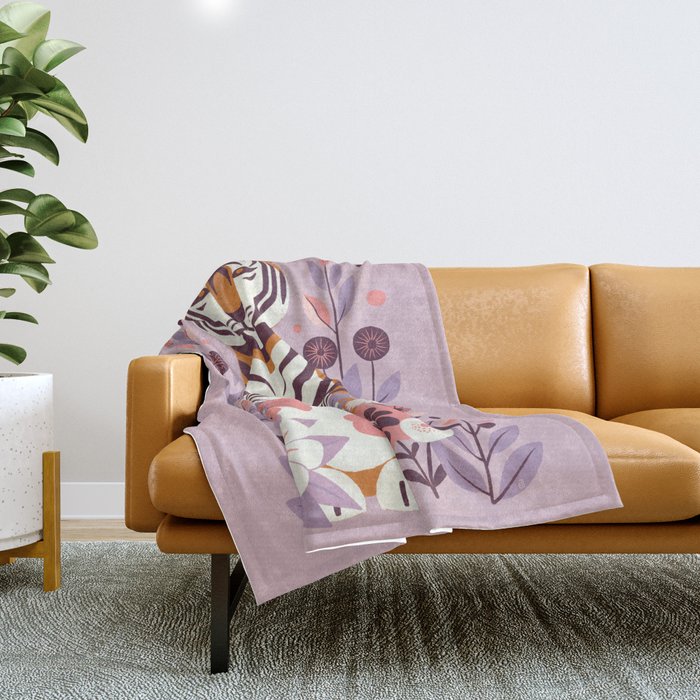 Serene Tiger in Blooming Garden - Pastel Floral Illustration Throw Blanket Gallery Image 1