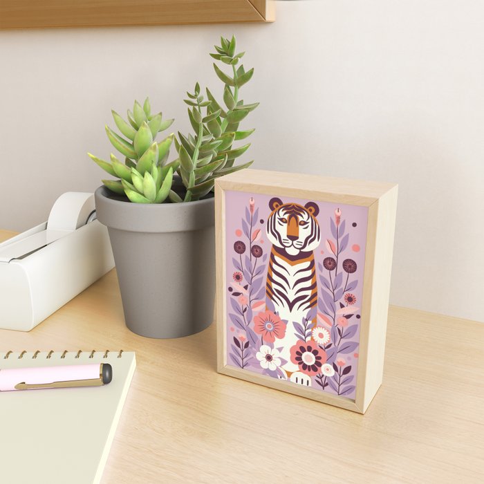 Serene Tiger in Blooming Garden - Pastel Floral Illustration Mini Art Print Gallery Image 2