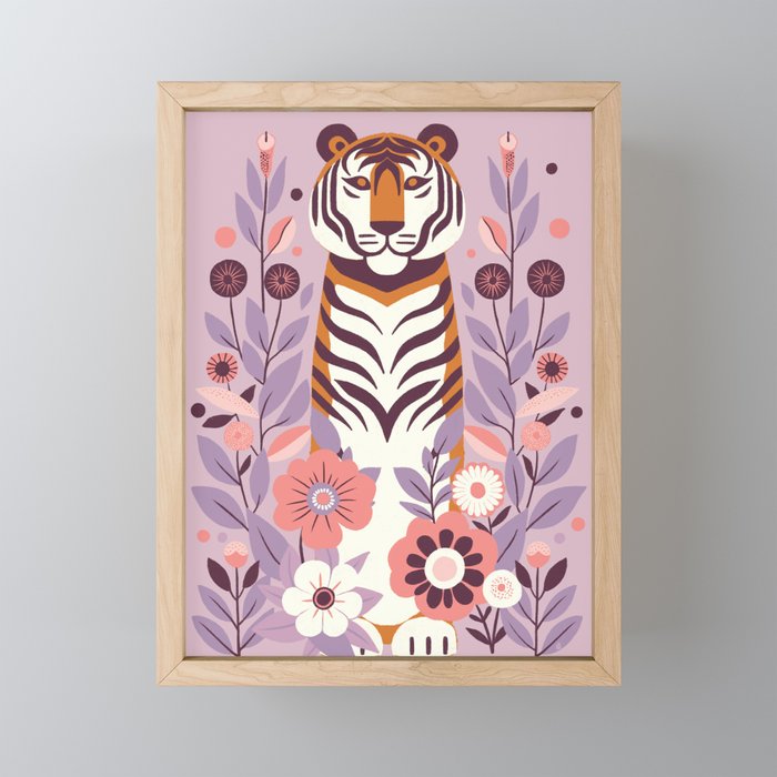 Serene Tiger in Blooming Garden - Pastel Floral Illustration Mini Art Print Gallery Image 1
