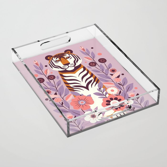 Serene Tiger in Blooming Garden - Pastel Floral Illustration Acrylic Tray Gallery Image 1
