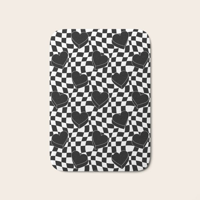 Black and white checkered love heart pattern Bath Mat Gallery Image 1