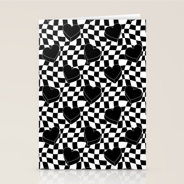 Black and white checkered love heart pattern Stationery Card Gallery Image 2