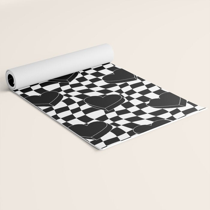 Black and white checkered love heart pattern Yoga Mat Gallery Image 2