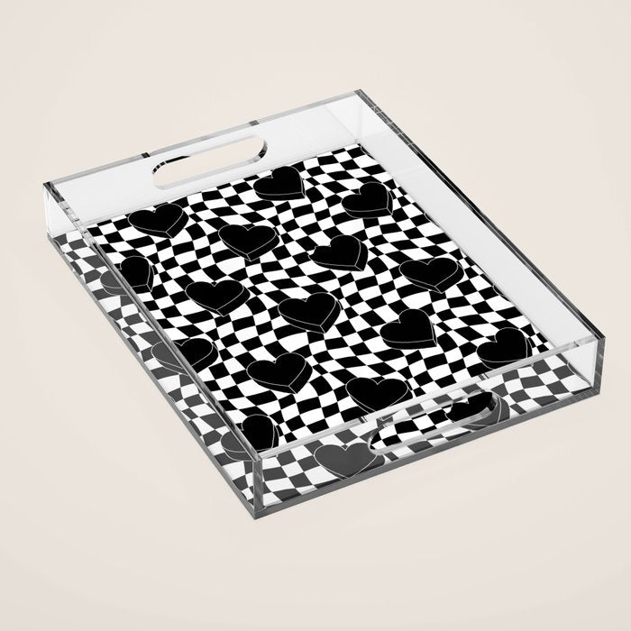 Black and white checkered love heart pattern Acrylic Tray Gallery Image 1