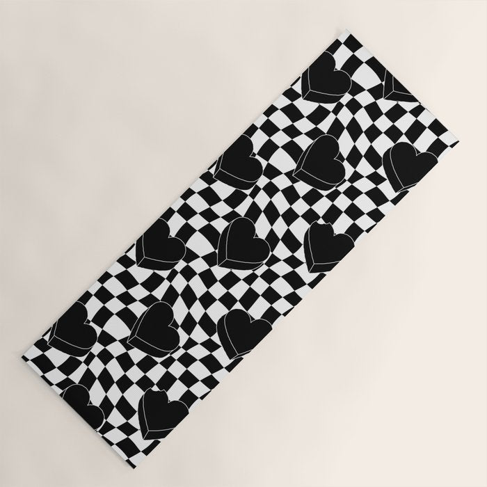 Black and white checkered love heart pattern Yoga Mat Gallery Image 1