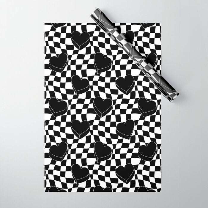 Black and white checkered love heart pattern Wrapping Paper Gallery Image 1