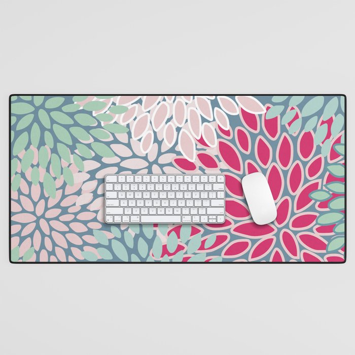 Festive, Floral Prints, Bright Pink, Teal and Green Desk Mat Gallery Image 1