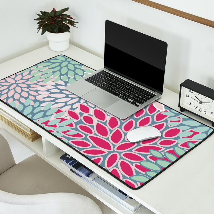 Festive, Floral Prints, Bright Pink, Teal and Green Desk Mat Gallery Image 2