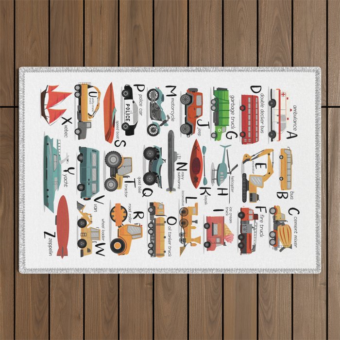 Colourful transportation alphabet Outdoor Rug Gallery Image 1