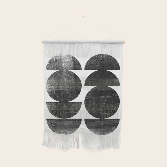 Black and White Mid Century Modern Circles Abstract Wall Hanging Gallery Image 1