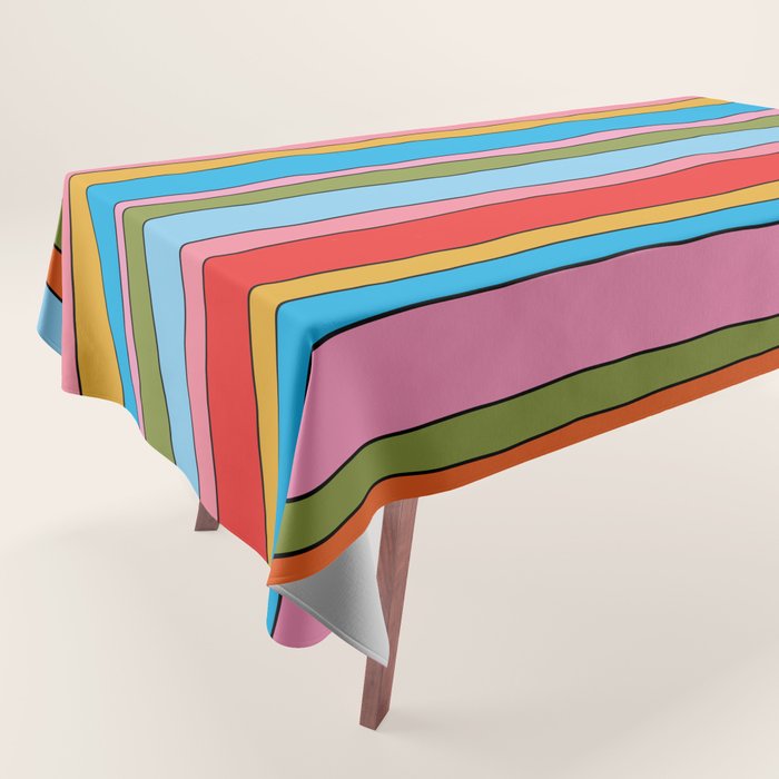 Retro Mood Lined Stripe Pattern Blue Orange Green Pink Mustard Tablecloth Gallery Image 1