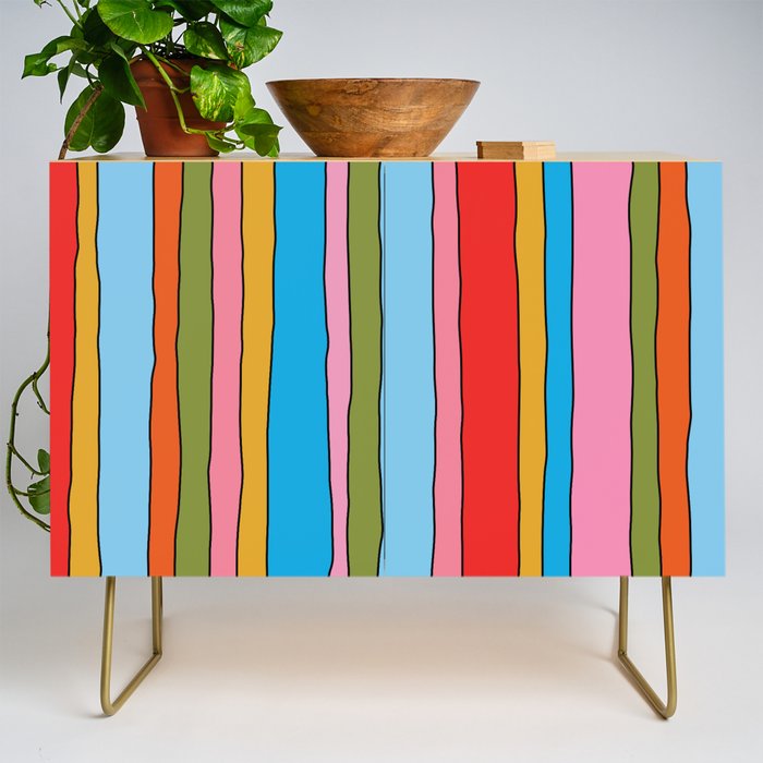 Retro Mood Lined Stripe Pattern Blue Orange Green Pink Mustard Credenza Gallery Image 1