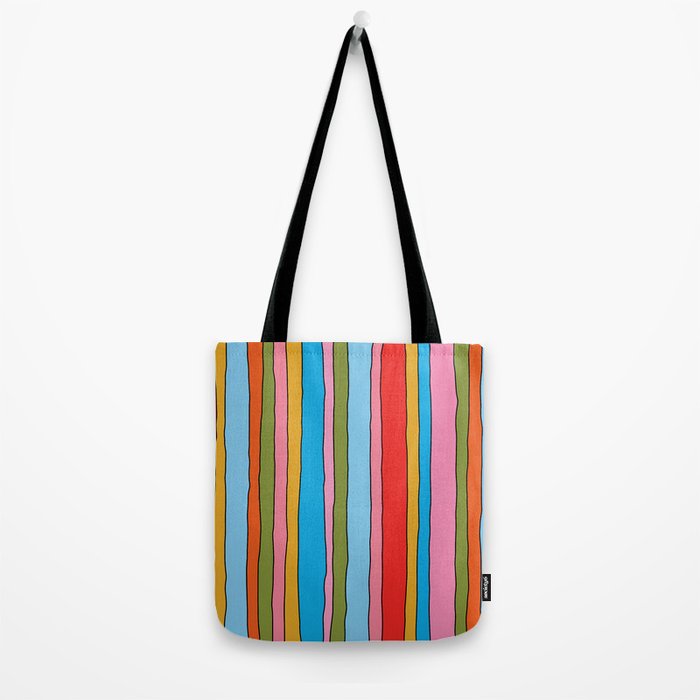 Retro Mood Lined Stripe Pattern Blue Orange Green Pink Mustard Tote Bag Gallery Image 2