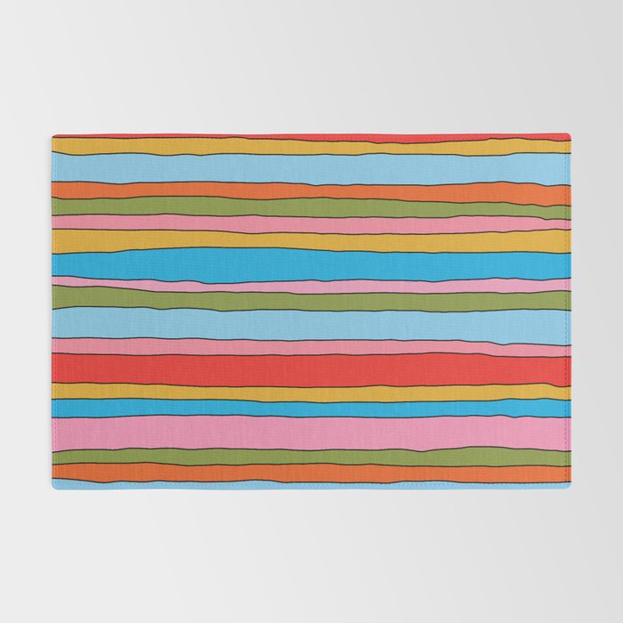 Retro Mood Lined Stripe Pattern Blue Orange Green Pink Mustard Rug Gallery Image 2