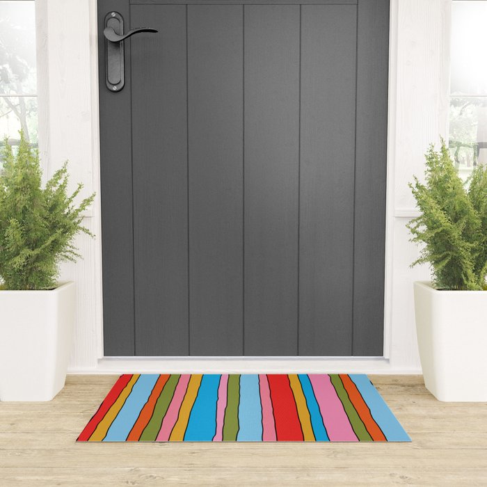 Retro Mood Lined Stripe Pattern Blue Orange Green Pink Mustard Welcome Mat Gallery Image 3