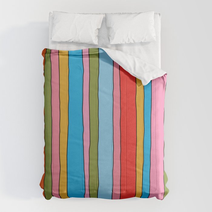 Retro Mood Lined Stripe Pattern Blue Orange Green Pink Mustard Comforter Gallery Image 1