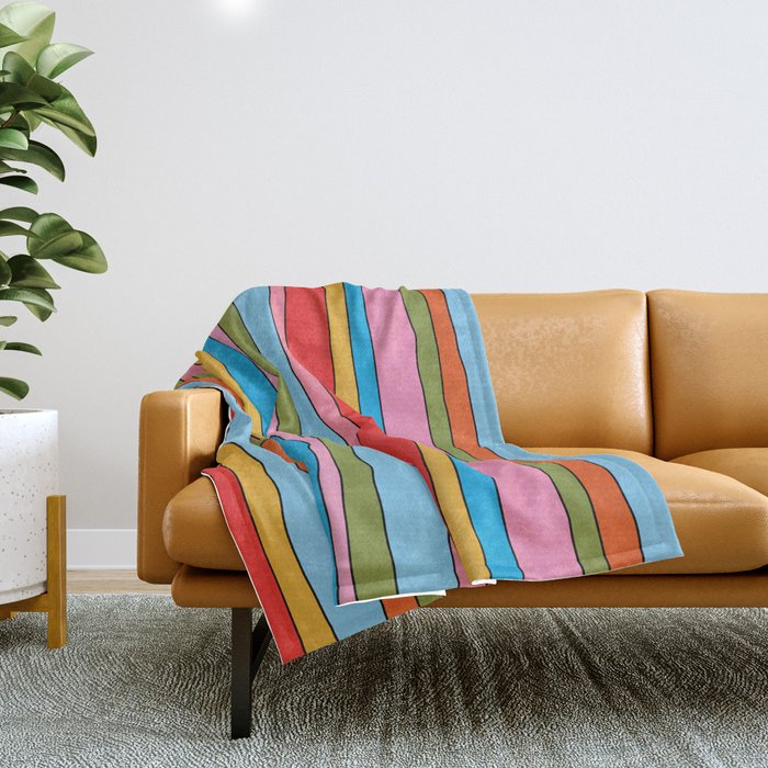 Retro Mood Lined Stripe Pattern Blue Orange Green Pink Mustard Throw Blanket Gallery Image 1