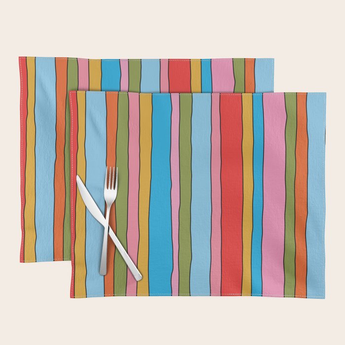 Retro Mood Lined Stripe Pattern Blue Orange Green Pink Mustard Placemat Gallery Image 1