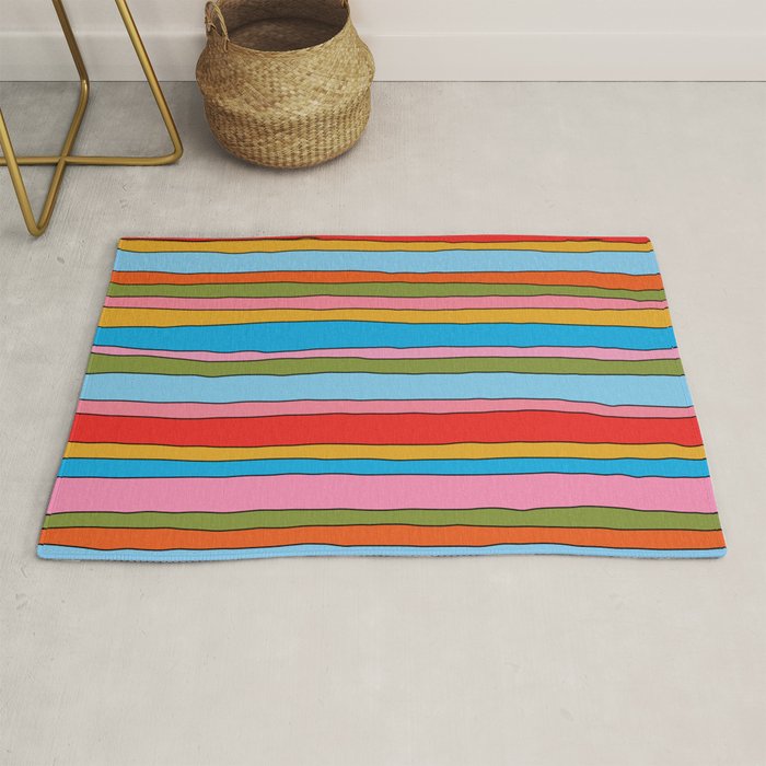 Retro Mood Lined Stripe Pattern Blue Orange Green Pink Mustard Rug Gallery Image 1