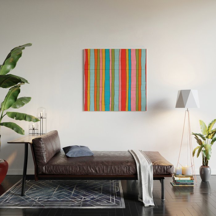 Retro Mood Lined Stripe Pattern Blue Orange Green Pink Mustard Wood Wall Art Gallery Image 2