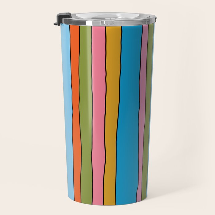 Retro Mood Lined Stripe Pattern Blue Orange Green Pink Mustard Travel Mug Gallery Image 3