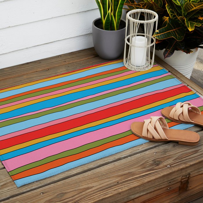 Retro Mood Lined Stripe Pattern Blue Orange Green Pink Mustard Outdoor Rug Gallery Image 2