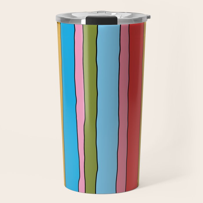 Retro Mood Lined Stripe Pattern Blue Orange Green Pink Mustard Travel Mug Gallery Image 1