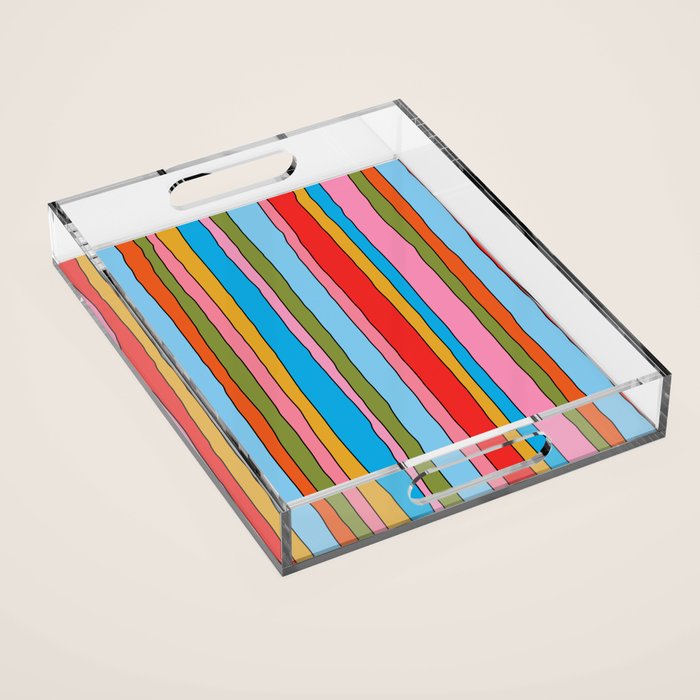Retro Mood Lined Stripe Pattern Blue Orange Green Pink Mustard Acrylic Tray Gallery Image 1