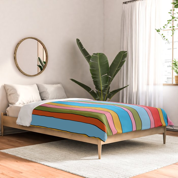 Retro Mood Lined Stripe Pattern Blue Orange Green Pink Mustard Comforter Gallery Image 2