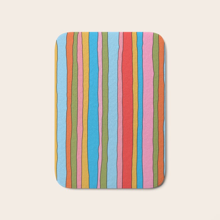 Retro Mood Lined Stripe Pattern Blue Orange Green Pink Mustard Bath Mat Gallery Image 1