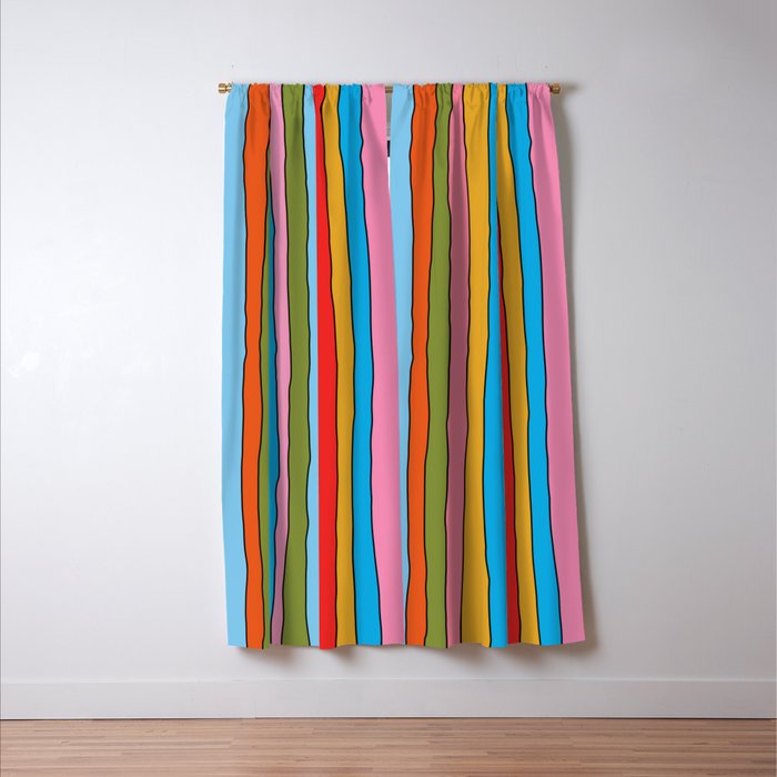 Retro Mood Lined Stripe Pattern Blue Orange Green Pink Mustard Window Curtain Gallery Image 3