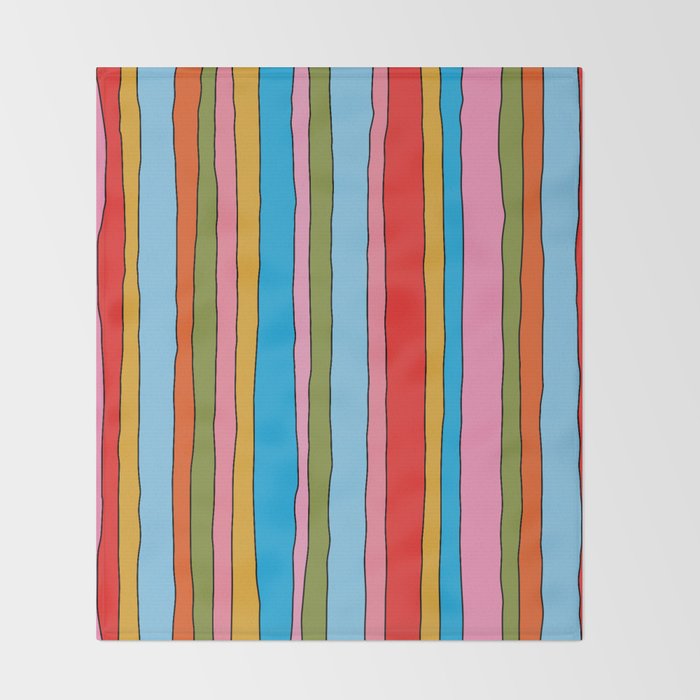 Retro Mood Lined Stripe Pattern Blue Orange Green Pink Mustard Throw Blanket Gallery Image 2