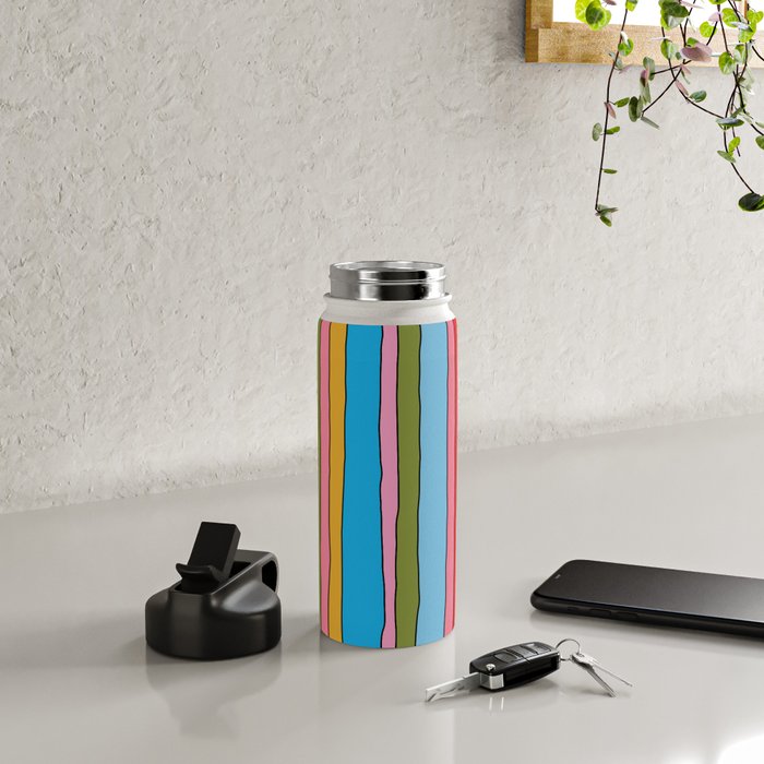 Retro Mood Lined Stripe Pattern Blue Orange Green Pink Mustard Water Bottle Gallery Image 4