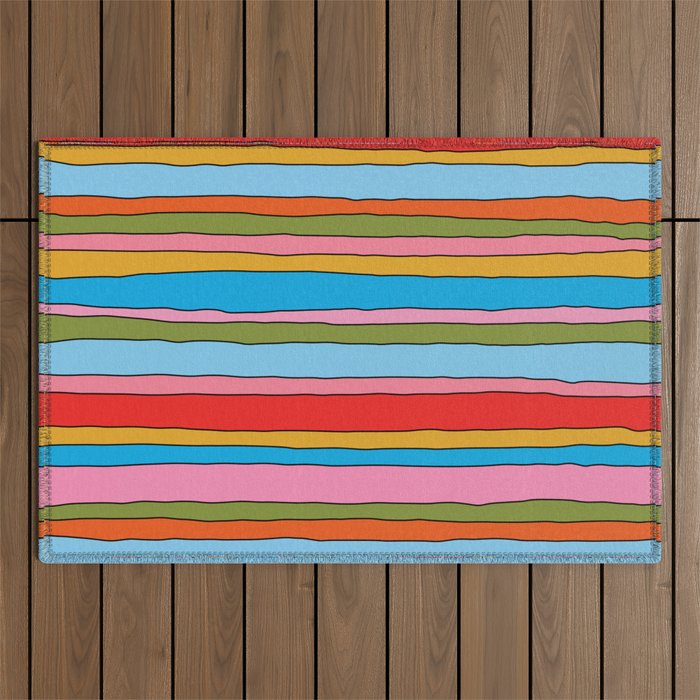 Retro Mood Lined Stripe Pattern Blue Orange Green Pink Mustard Outdoor Rug Gallery Image 1