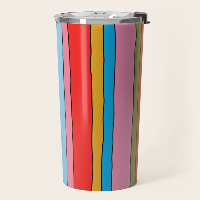 Retro Mood Lined Stripe Pattern Blue Orange Green Pink Mustard Travel Mug Gallery Image 2