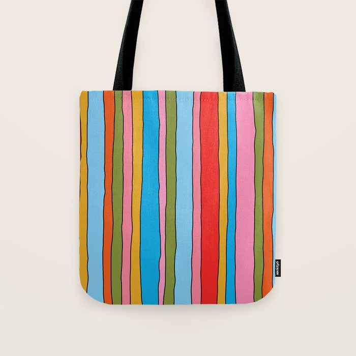 Retro Mood Lined Stripe Pattern Blue Orange Green Pink Mustard Tote Bag Gallery Image 1