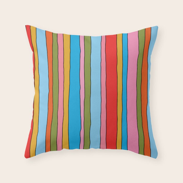 Retro Mood Lined Stripe Pattern Blue Orange Green Pink Mustard Throw Pillow Gallery Image 6
