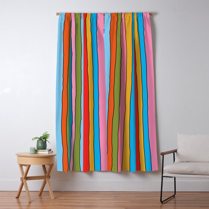 Retro Mood Lined Stripe Pattern Blue Orange Green Pink Mustard Window Curtain Gallery Image 5