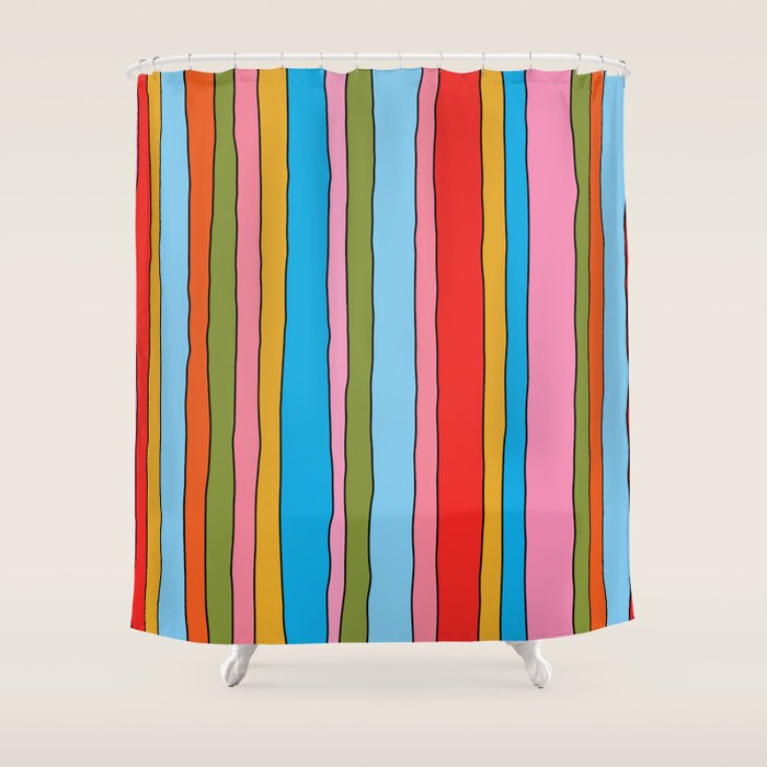 Retro Mood Lined Stripe Pattern Blue Orange Green Pink Mustard Shower Curtain Gallery Image 1