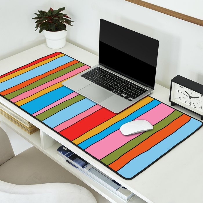 Retro Mood Lined Stripe Pattern Blue Orange Green Pink Mustard Desk Mat Gallery Image 2