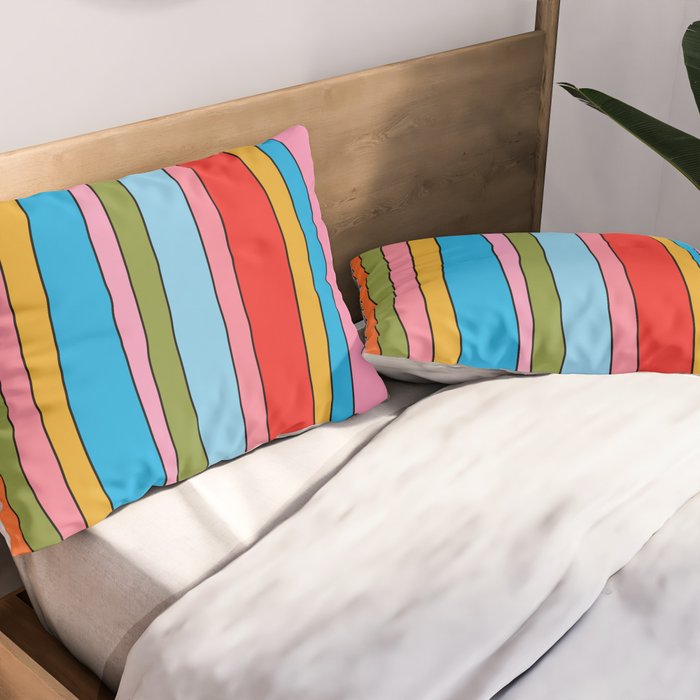 Retro Mood Lined Stripe Pattern Blue Orange Green Pink Mustard Pillow Sham Gallery Image 2