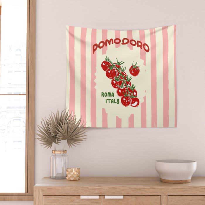 Pomodoro Tomatoes Retro Pink Stripes Wall Tapestry Gallery Image 2