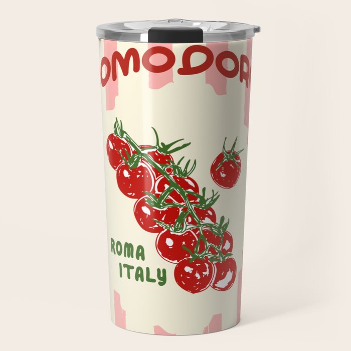 Pomodoro Tomatoes Retro Pink Stripes Travel Mug Gallery Image 1